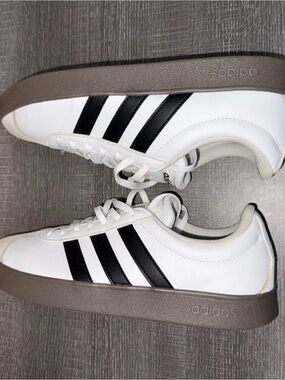 adidas White Sneakers with Black Stripes and Brown Sole